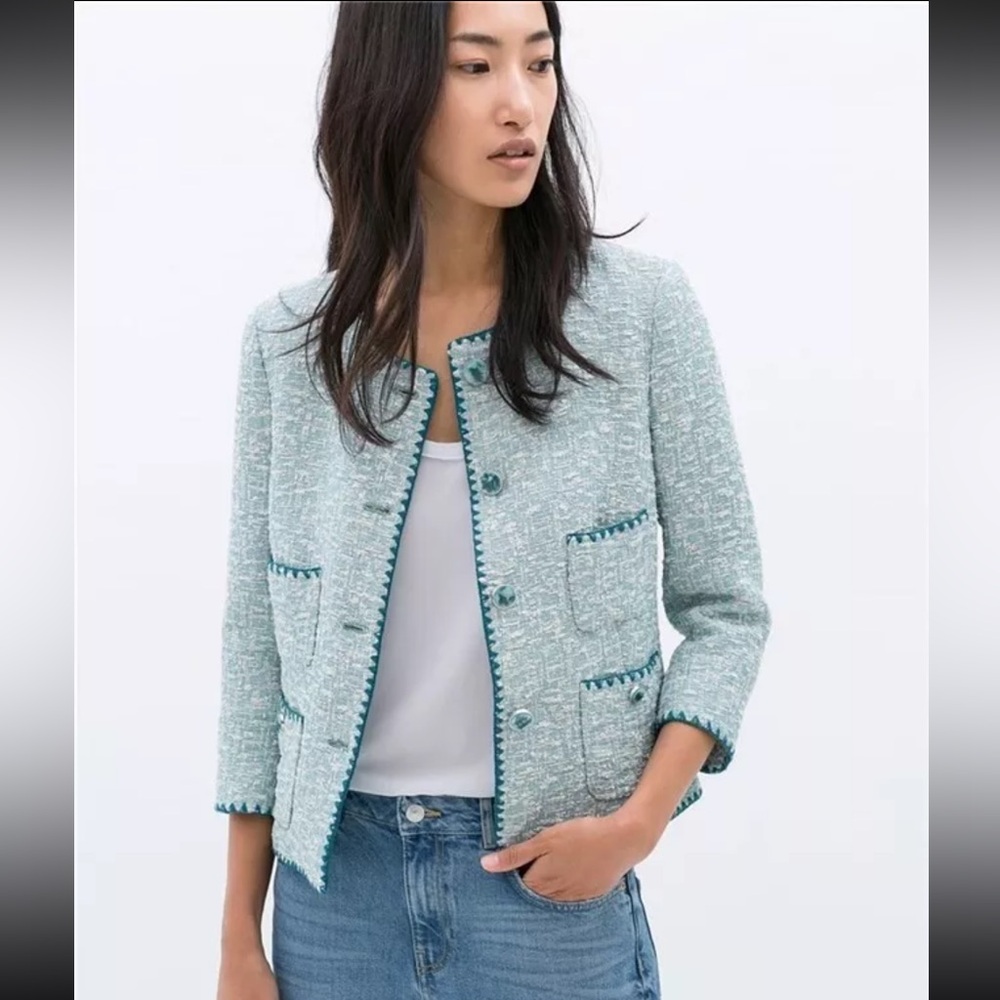 ZARA BLUE ECRU CONTRAST BLAZER TWEED WEAVE JACKET COAT SIZE S NEW - Picture 7 of 13